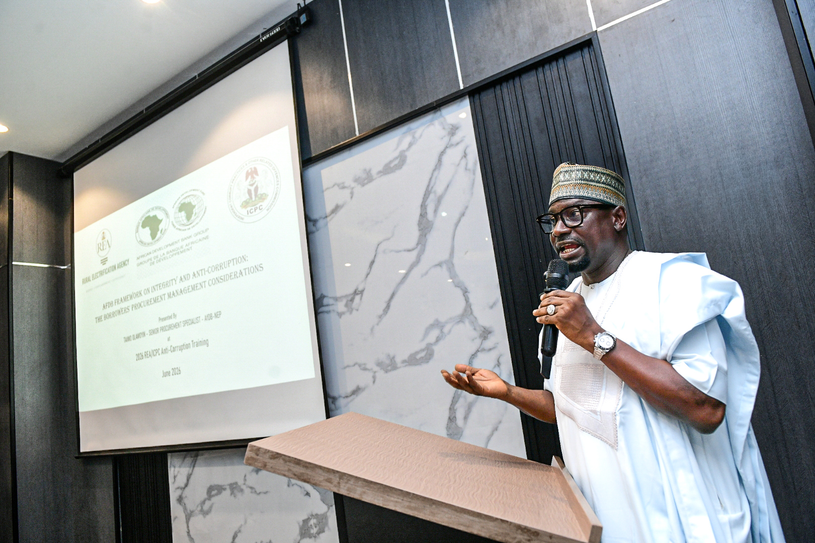 The Managing Director and Chief Executive Officer of Rural Electrification Agency (REA) Abba Aliyu sharing an insight on the importance of transparency, accountability and integrity in implementing rural electrification projects during the two days Anti-corruption training organized for the top management staff of the agency.
