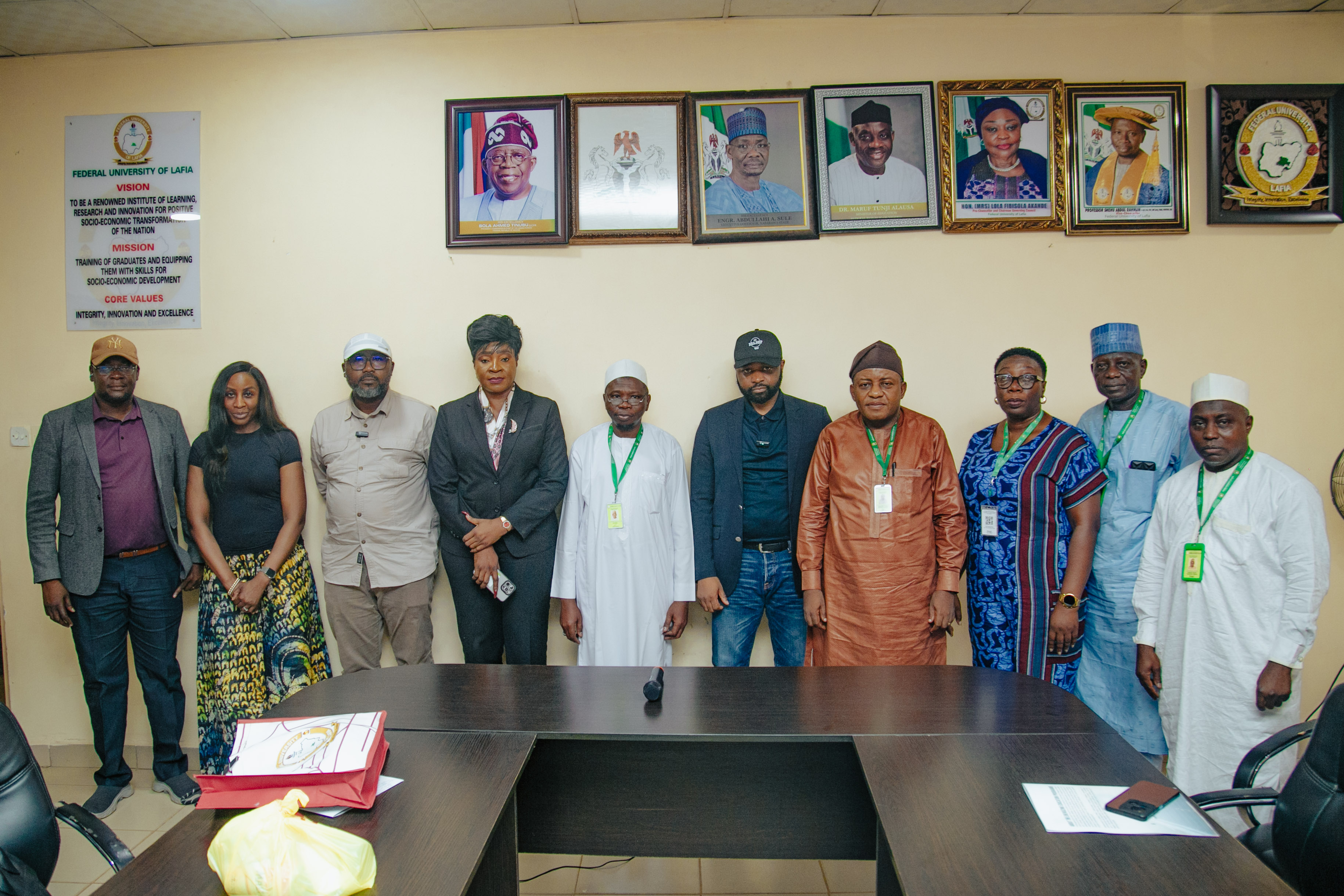 L-R : The Engineering Technical Specialist (NEP), Engr. Chigbo Nwafor; The EEP phase III component lead, Funmi Jones; The AfDB task team lead, Engr. Chigoziri Egeruoh; The Assistant Director, Ministry of Finance, Dr. Oyebola Akande; The outgoing Vice Chancellor of Federal University Lafia, Prof. Shehu Abdulrahman; The head, Nigeria electrification programme, Mr. Olufemi Akinyelure and other top management of the university after a productive deliberation on the impact and sustainability of the EEP phase III plant.